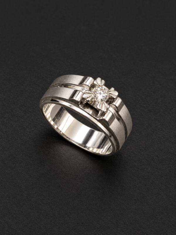 Men's Palladium Ring — Panel Band, Flower-Set Diamond