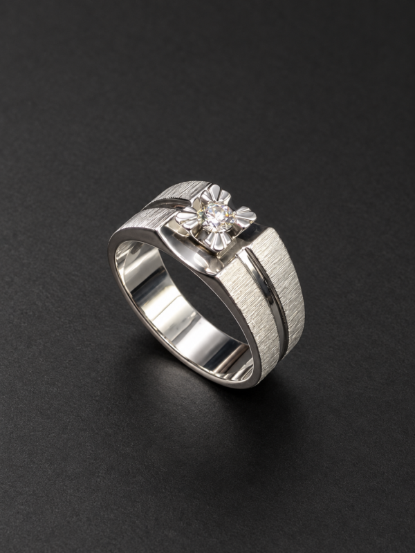 Men's Palladium Ring — Diagonal Brushed Texture, Flower-Set Diamond