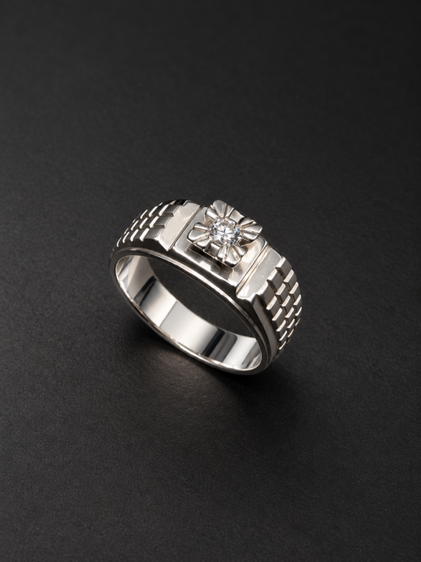 Men's Palladium Ring — Fine Link Shoulders, Flower-Set Diamond