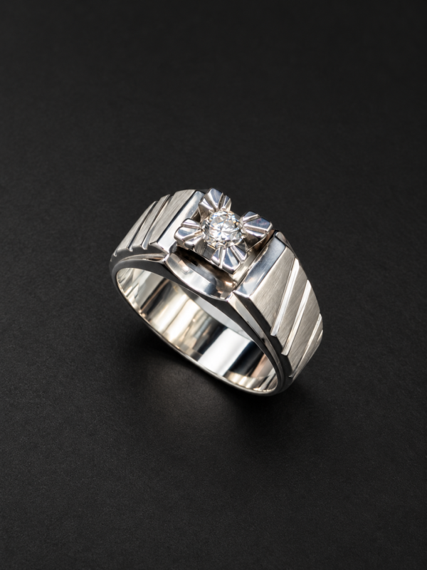 Men's Palladium Ring — Diagonal-Cut Band, Flower-Set Diamond