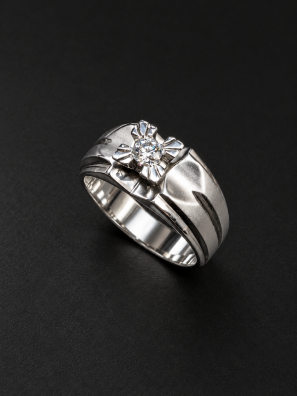 Men's Palladium Ring — Fine Ridge Shoulders, Flower-Set Diamond