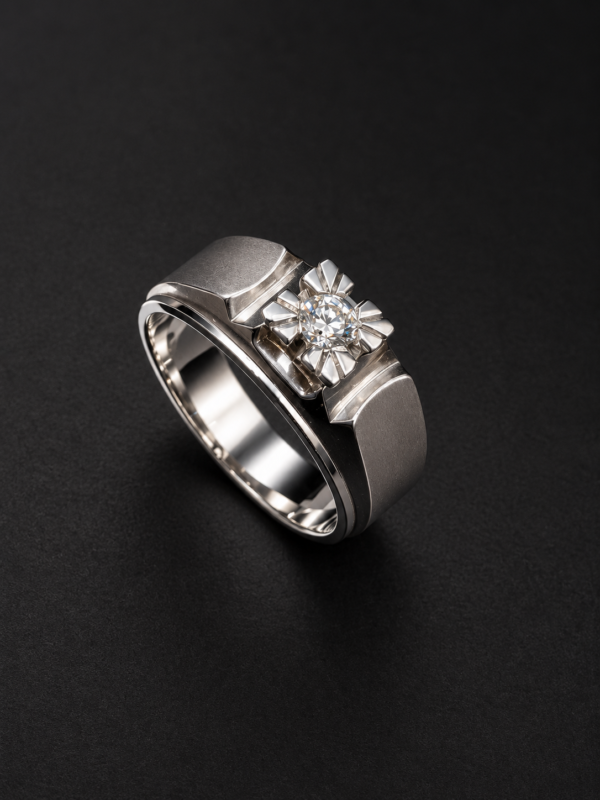 Men's Palladium Ring — Polished Cap, Flower-Set Diamond