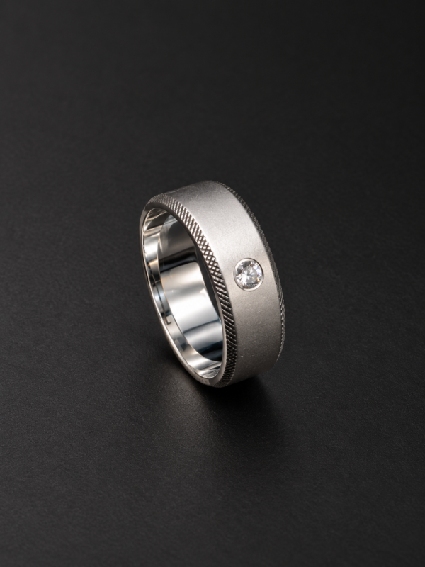 Men's Palladium Ring — Crimped Edge Band, Bezel Diamond