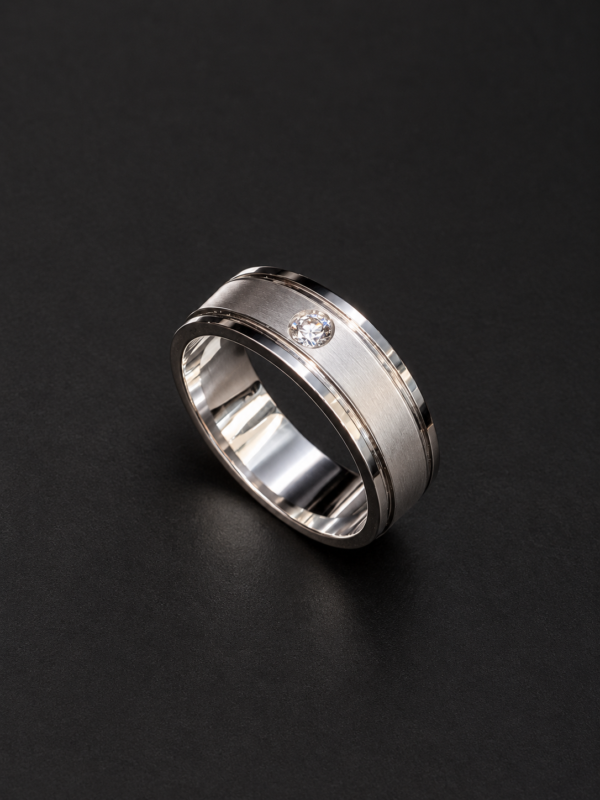 Men's Palladium Ring — Double-Rail Band, Bezel Diamond