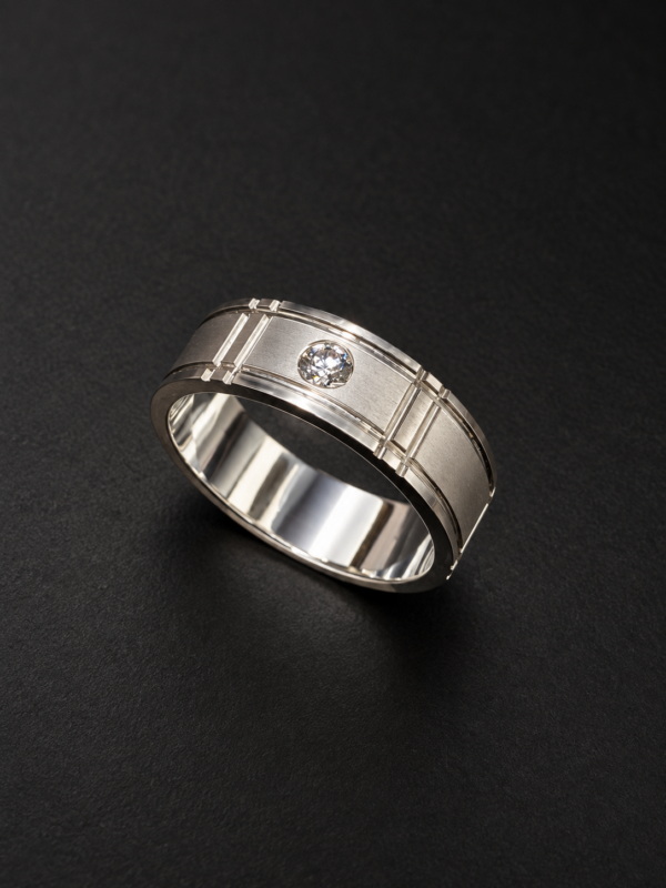Men's Palladium Ring — Grid-Cut Band, Bezel Diamond