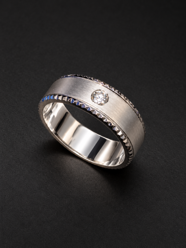 Men's Palladium Ring — Pyramid-Edge Band, Bezel Diamond