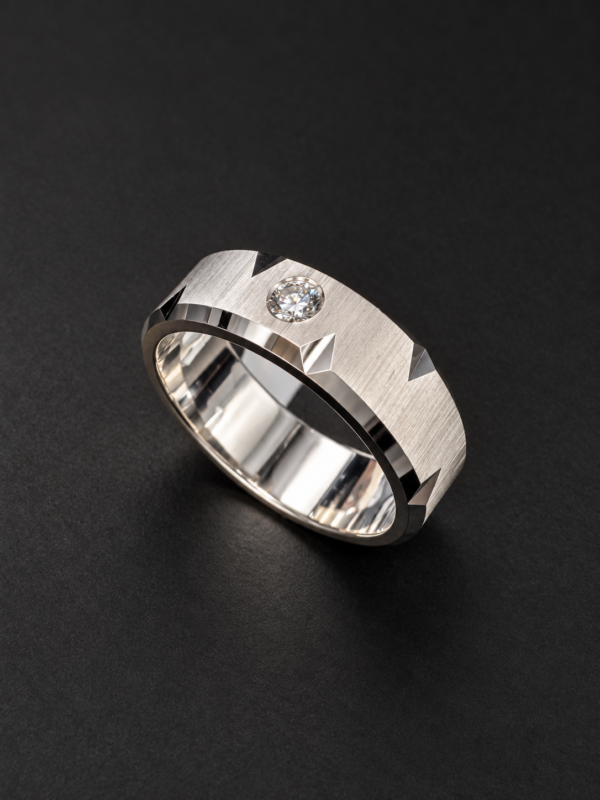 Men's Palladium Ring — Spike-Notch Band, Bezel Diamond