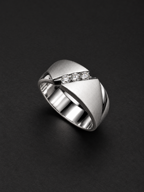Men's Palladium Ring — Diagonal Wrap, Three-Stone Tension Set