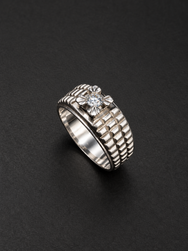 Men's Palladium Ring — Pyramid-Textured Band, Flower-Set Diamond