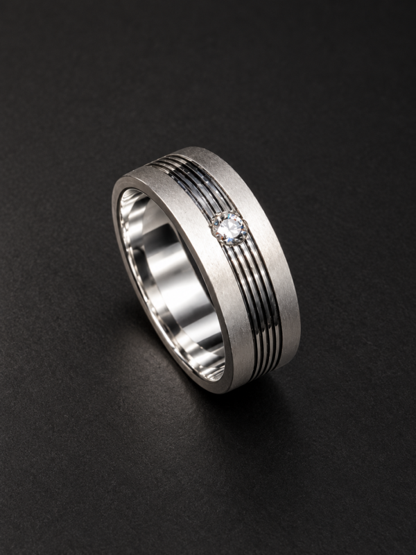 Men's Palladium Ring — Fine-Groove Channel, Bezel Diamond