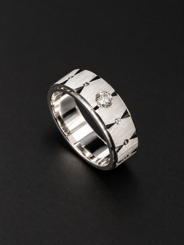 Men's Palladium Ring — Faceted Grid, Scattered Diamond Accents