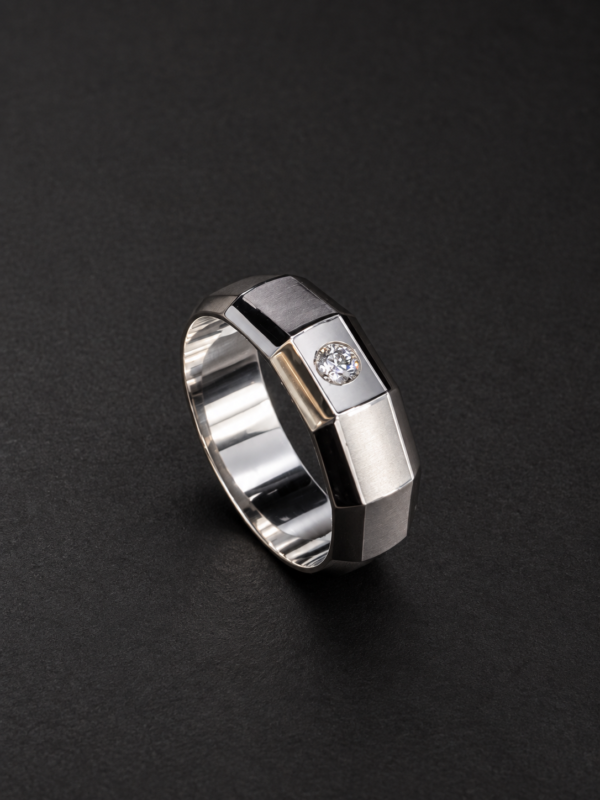 Men's Palladium Ring — Faceted Block Band, Bezel Diamond