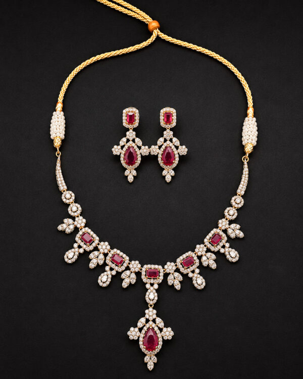 Gold Bridal Necklace Set — Ruby Cluster Drop Fringe