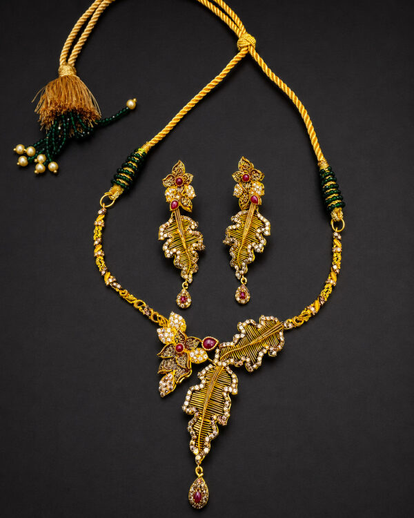 Gold Leaf Necklace Set — Ruby Cabochon Feather Drop