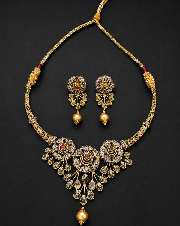 Gold Triple Sunburst Necklace Set — Pearl Fringe Drop