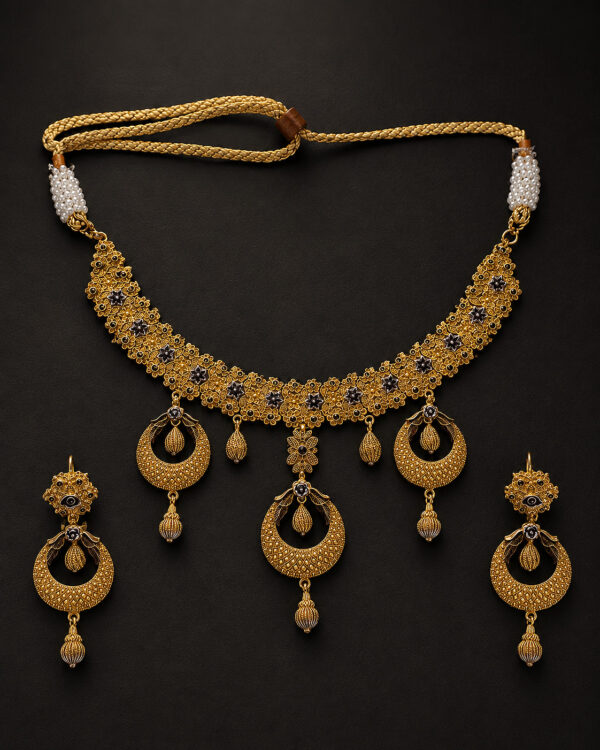 Gold Antique Necklace Set — Crescent Chandbali Fringe
