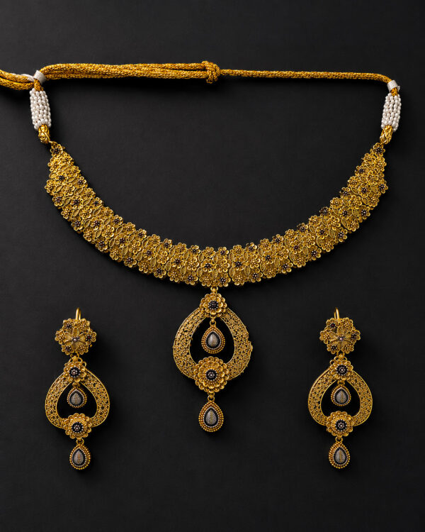 Gold Floral Necklace Set — Rosette Teardrop Drop