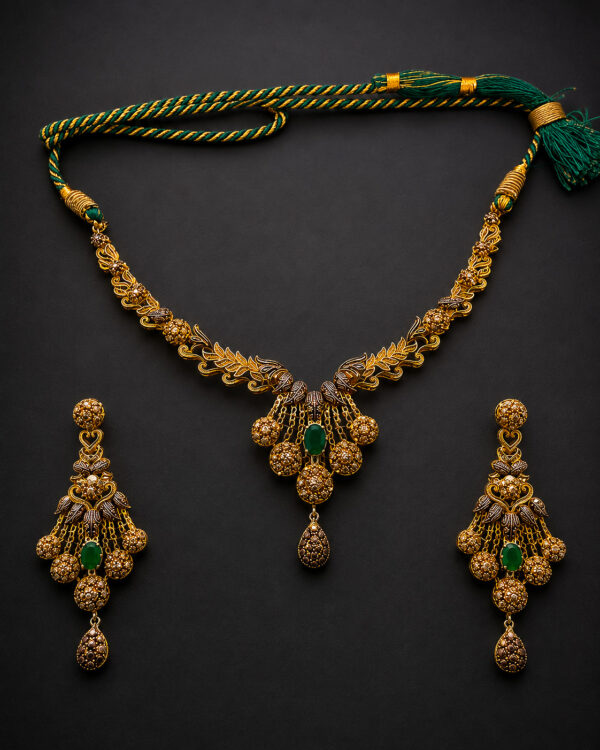 Gold Vine Necklace Set — Emerald Cluster Cascade