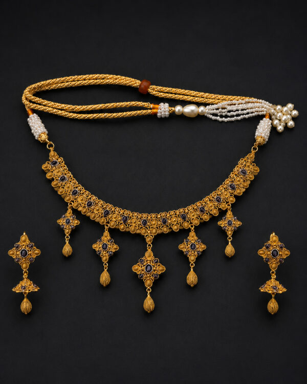 Gold Cross-Motif Necklace Set — Garnet Fringe Drop