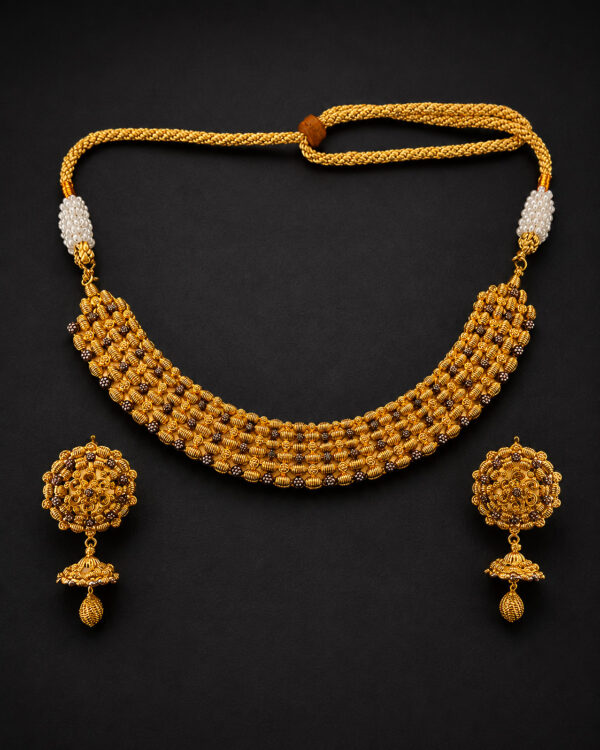 Gold Woven Bead Necklace Set — Jhumka Drop