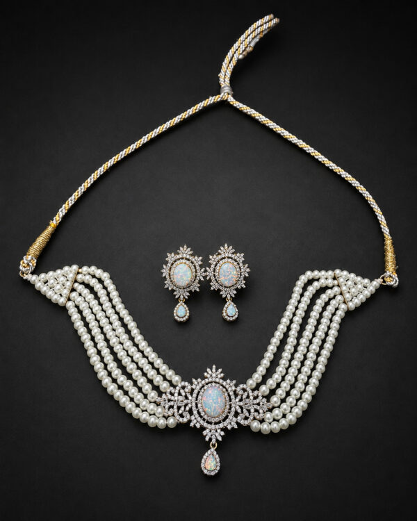 Gold Pearl Swag Necklace Set — Opal Starburst Pendant