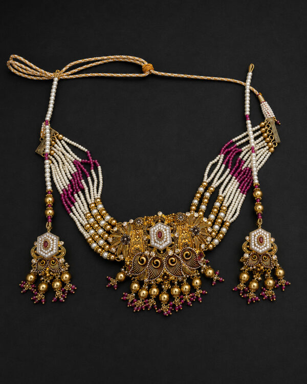 Gold Peacock Necklace Set — Multi-Strand Ruby Pendant