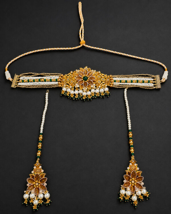 Gold Floral Rosette Choker Set — Emerald Pearl Fringe