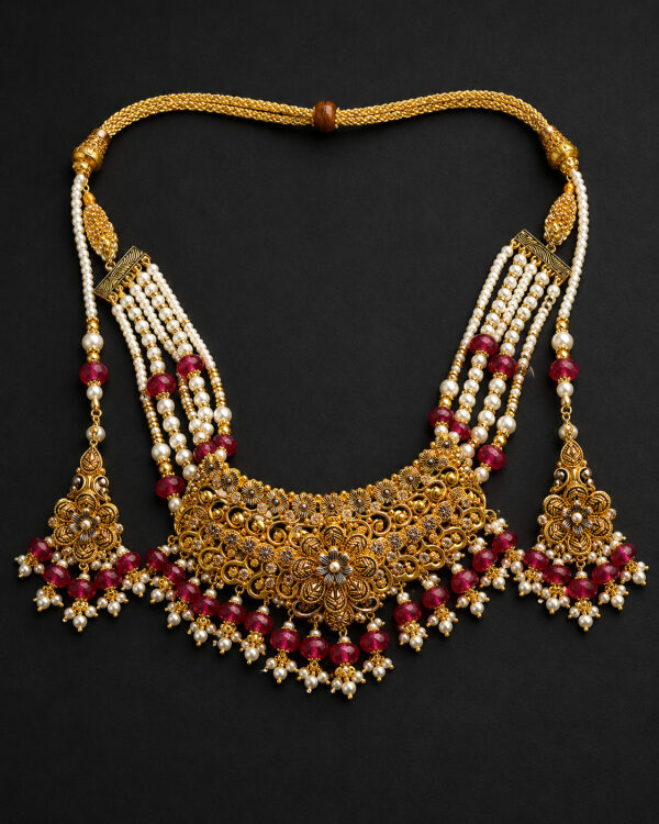 Gold Bridal Bib Necklace Set — Ruby Pearl Fringe