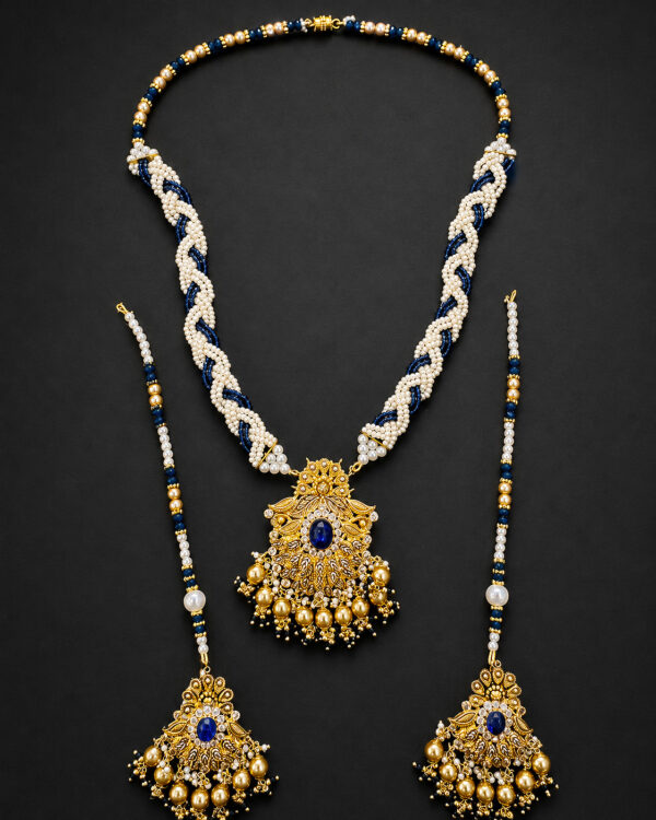 Gold Braided Pearl Necklace Set — Sapphire Leaf Pendant