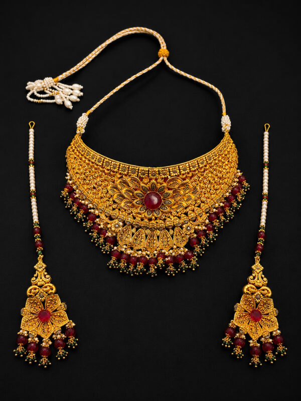 Gold Statement Choker Set — Floral Ruby Fringe