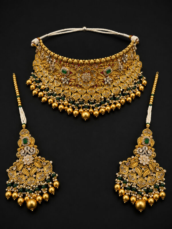 Gold Grand Choker Set — Emerald Floral Ball Fringe
