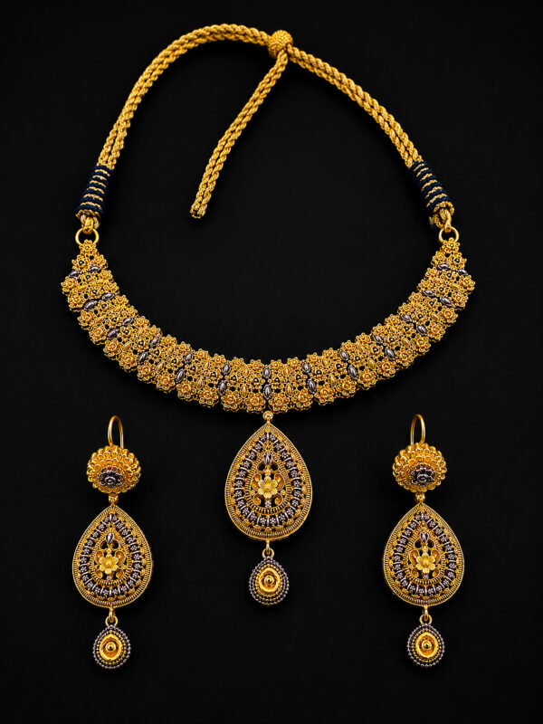 Gold Two-Tone Necklace Set — Floral Lattice Teardrop