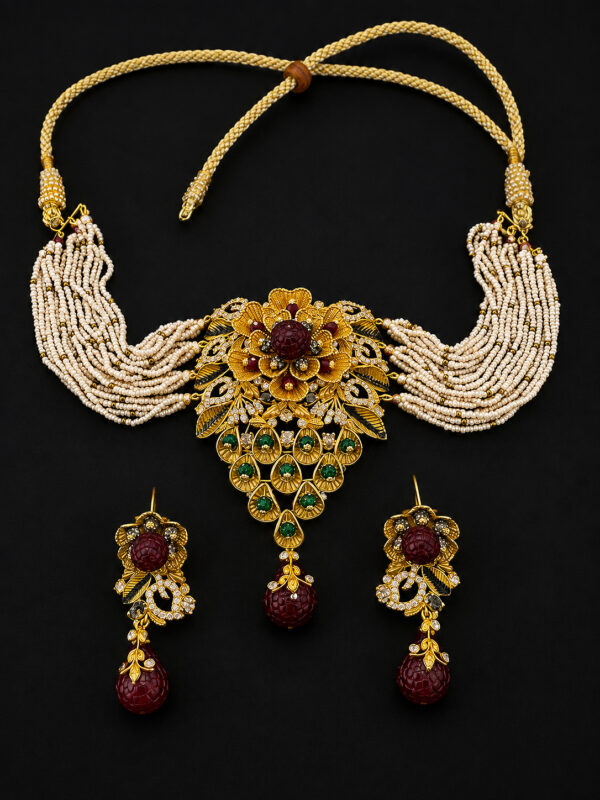 Gold Floral Necklace Set — Ruby Ball Emerald Fringe