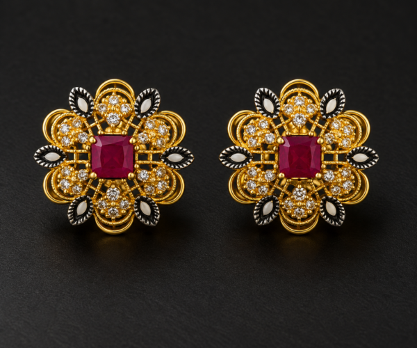 Ruby Mosaic Flower Dome Earrings