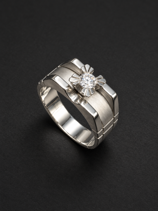 Men's Palladium Ring — Link-Textured Shoulders, Flower-Set Diamond